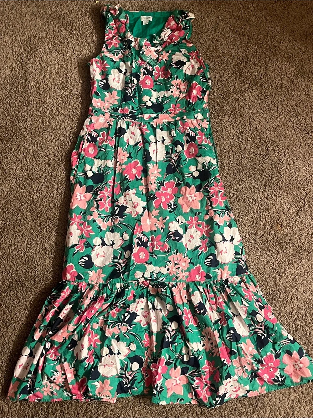 J. Crew Green Floral Sleeveless Maxi Dress with Pink & White Flowers